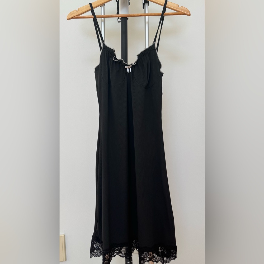 Black Lace Trim 90s Style Slip Dress - M